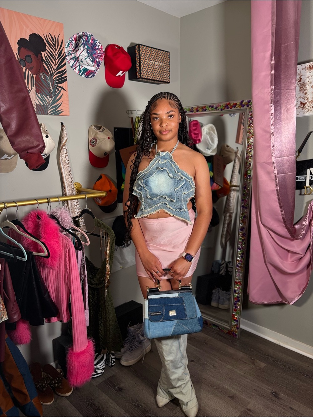 Denim Star Patch Halter Top with Pink Mini Skirt